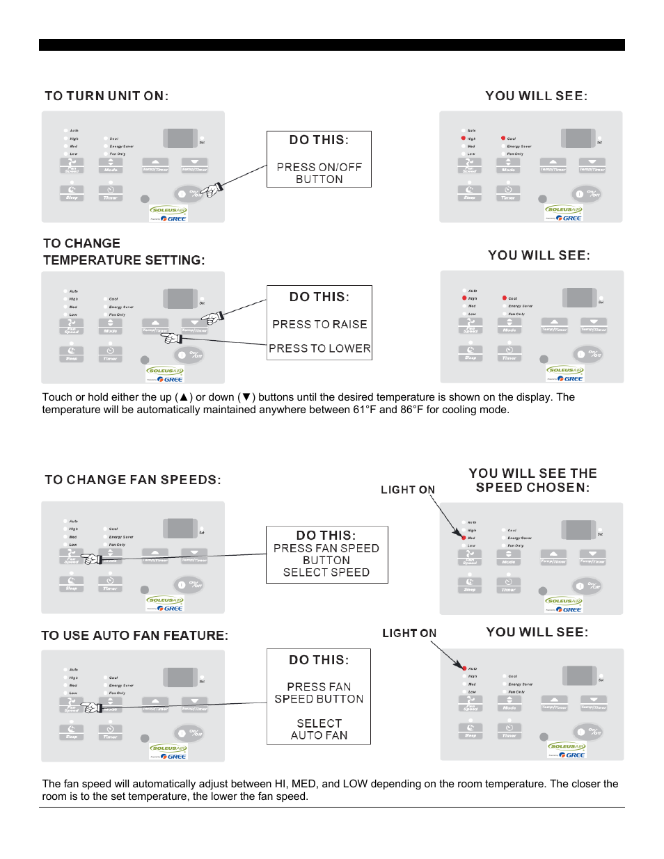 Using the control panel or remote, Operating your air conditioner | SoleusAir SG-TTW-10ESE User Manual | Page 7 / 15