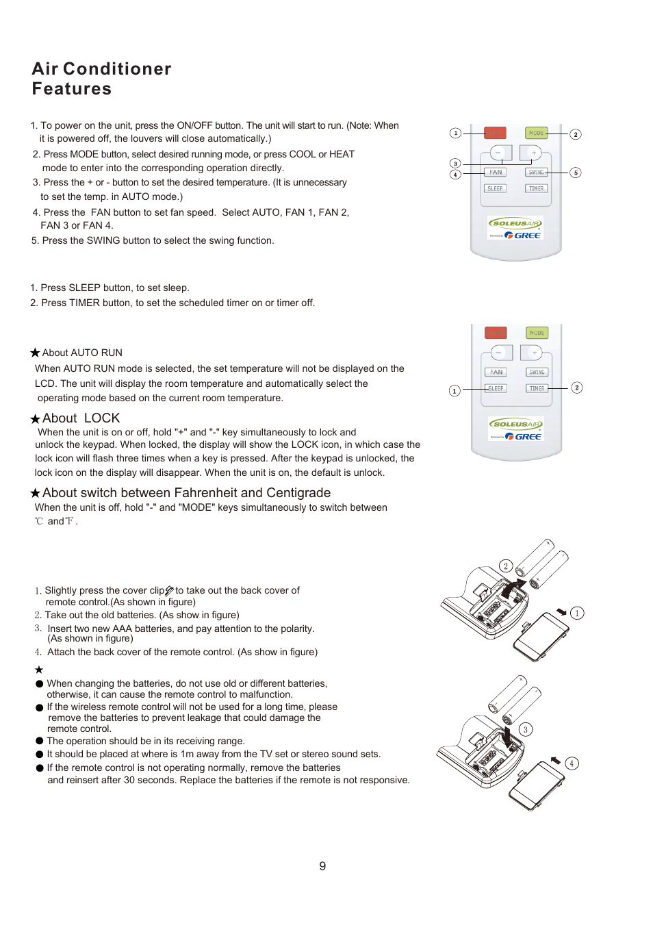 Air conditioner features, Introduction for special function, About switch between fahrenheit and centigrade | About lock, Changing batteries and notices | SoleusAir SG-TTW-12ESEZ-26 User Manual | Page 12 / 17