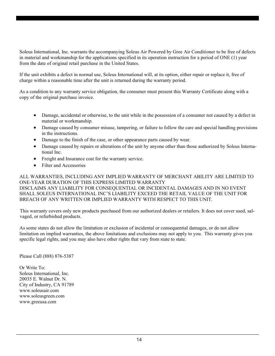 Warranty | SoleusAir SG-TTW-12ESEZ-26 User Manual | Page 17 / 17