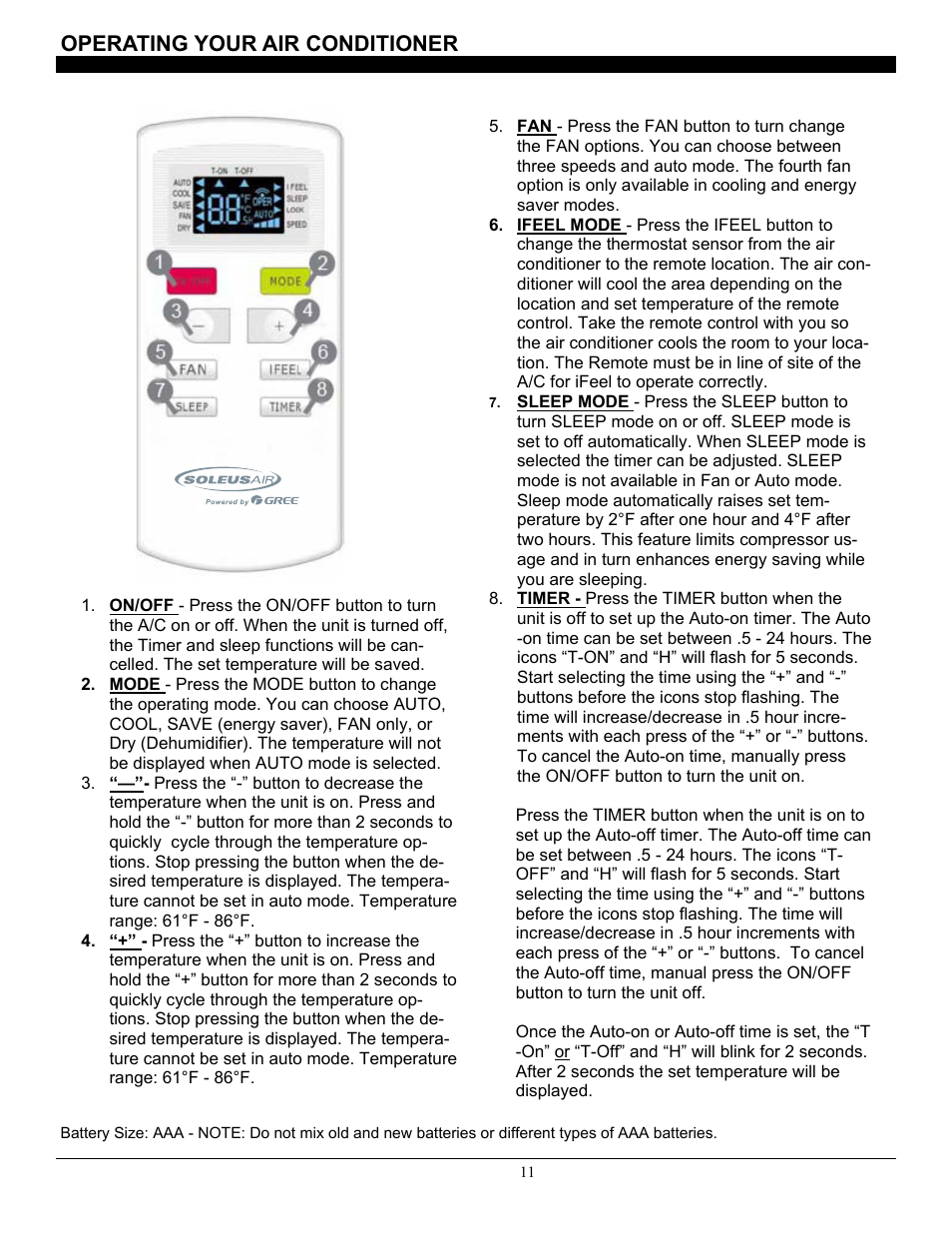 Operating your air conditioner | SoleusAir SG-WAC-08ESE-C User Manual | Page 12 / 20