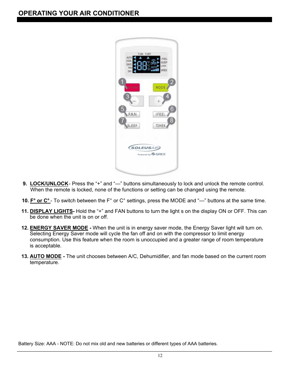 Operating your air conditioner | SoleusAir SG-WAC-08ESE-C User Manual | Page 13 / 20