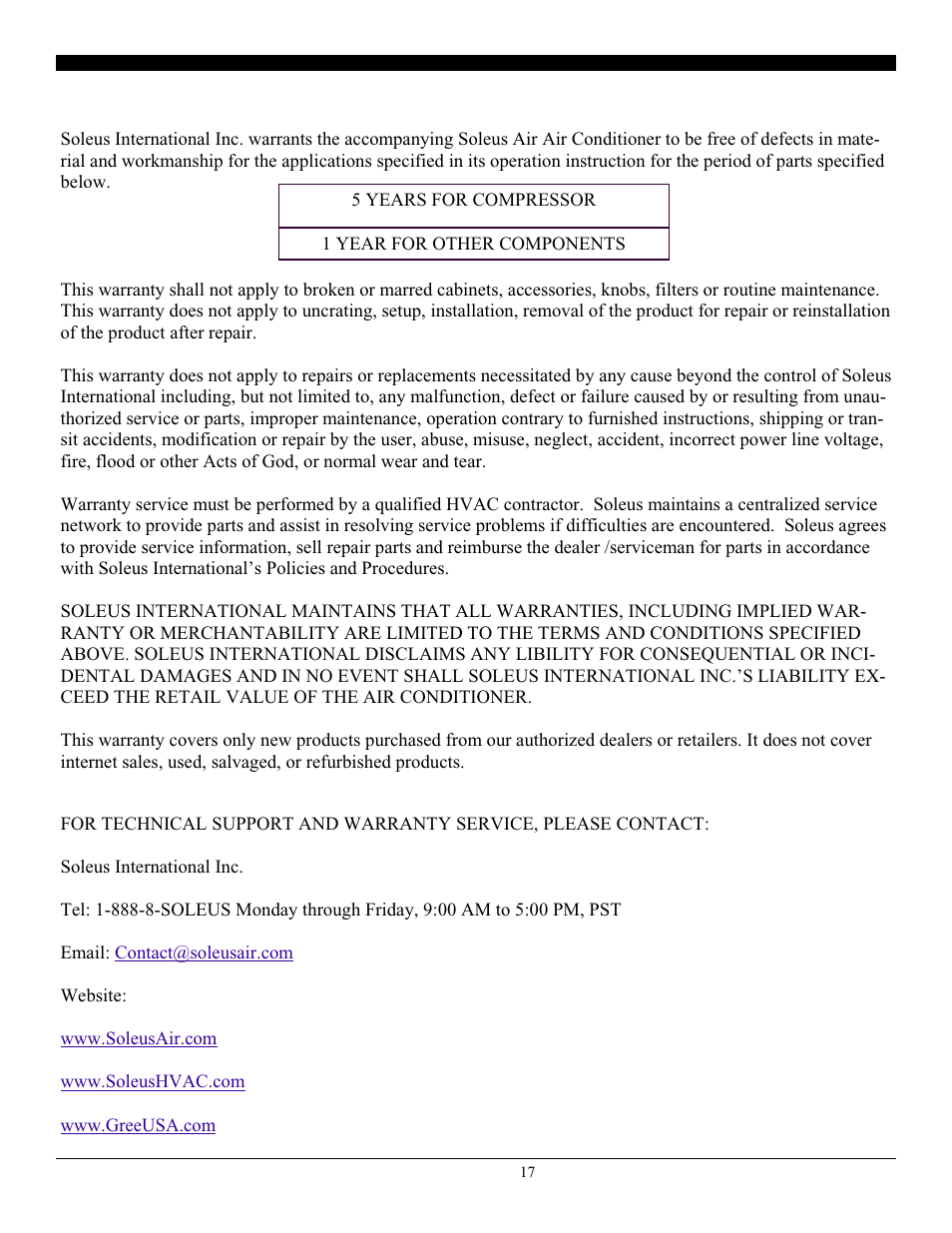 Warranty | SoleusAir SG-WAC-08ESE-C User Manual | Page 18 / 20