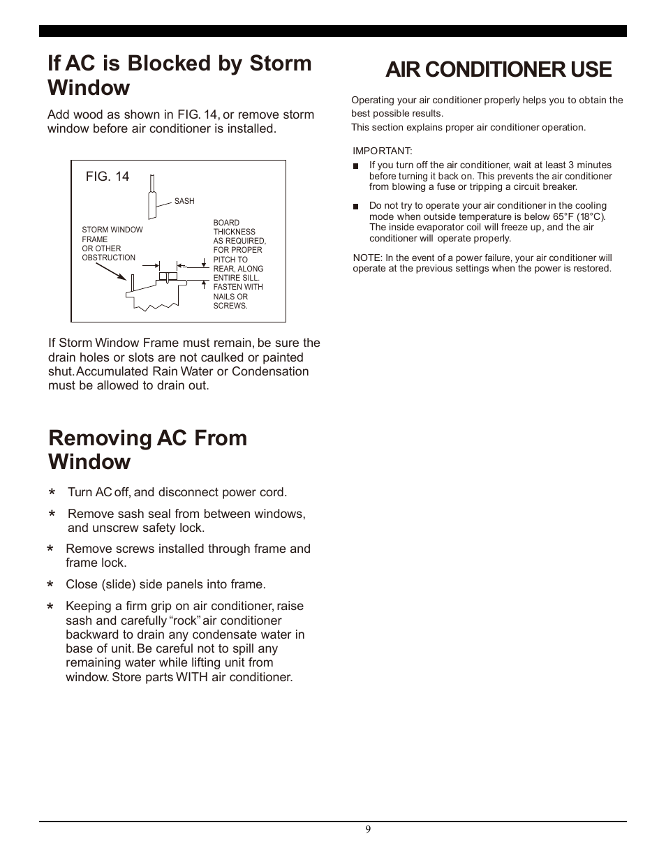 If ac is blocked by storm window, Removing ac from window, Air conditioner use | SoleusAir SG-WAC-12ESE-C User Manual | Page 10 / 20