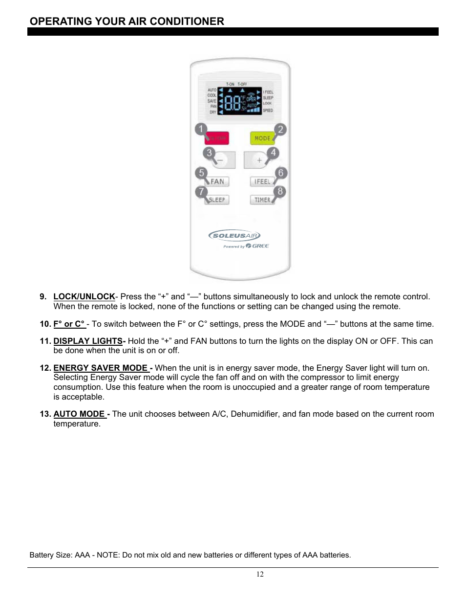 Operating your air conditioner | SoleusAir SG-WAC-12ESE-C User Manual | Page 13 / 20