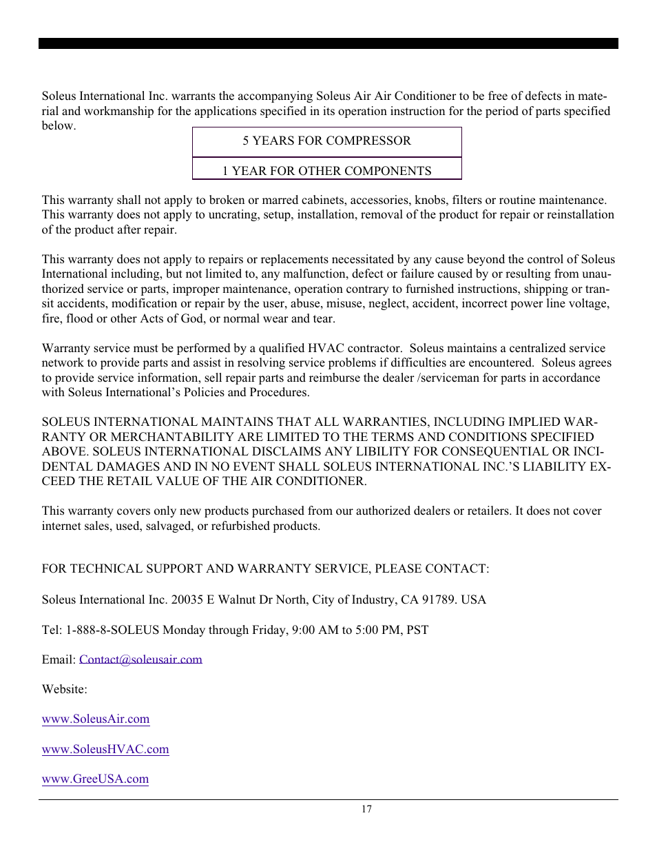 Warranty | SoleusAir SG-WAC-12ESE-C User Manual | Page 18 / 20