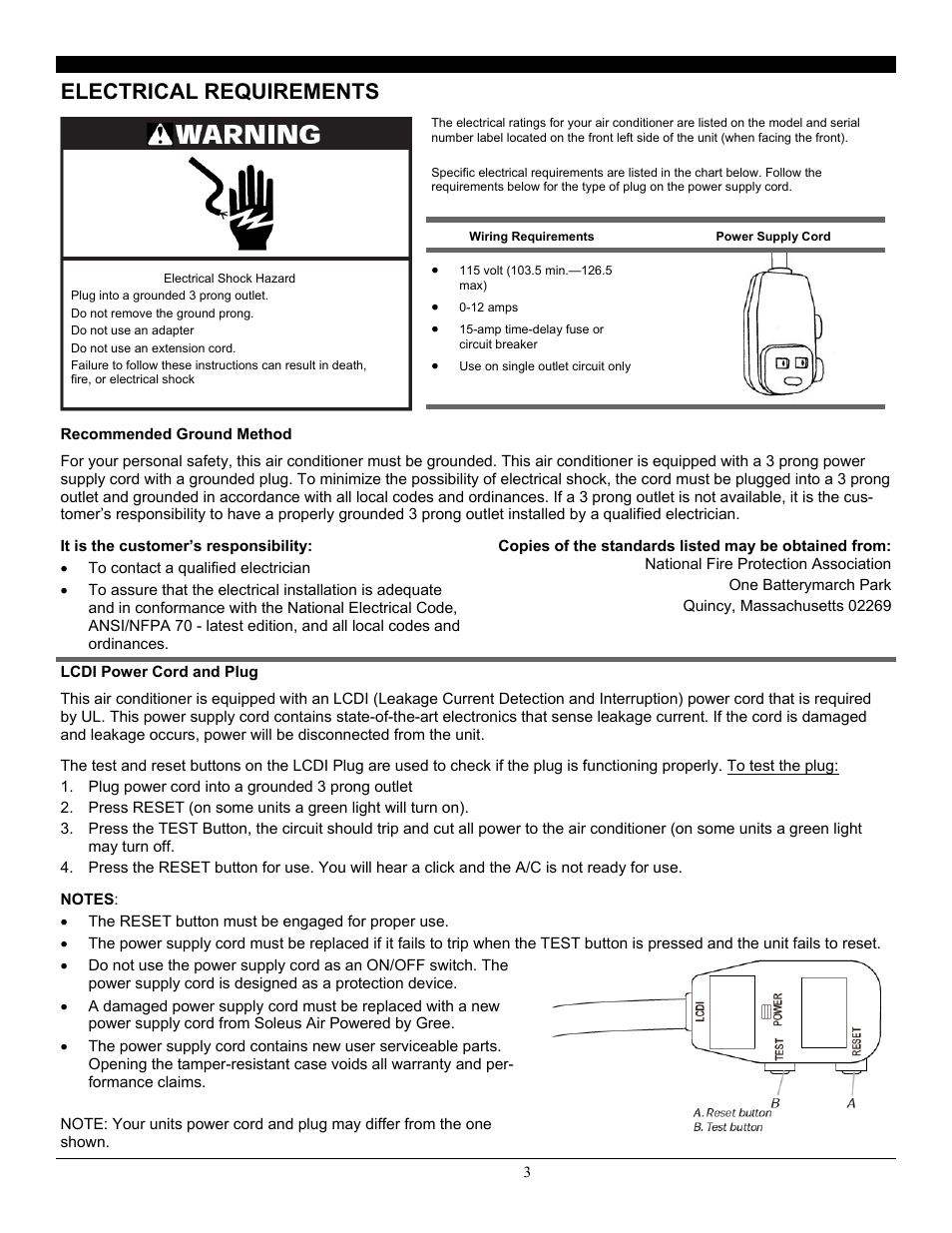 Electrical requirements | SoleusAir SG-WAC-12ESE-C User Manual | Page 4 / 20