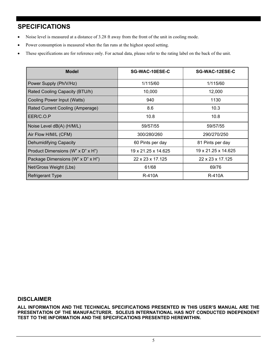 Specifications | SoleusAir SG-WAC-12ESE-C User Manual | Page 6 / 20