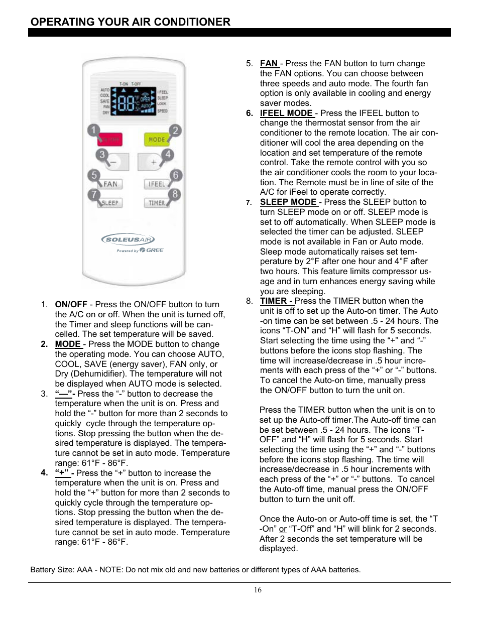 Operating your air conditioner | SoleusAir SG-WAC-18ESE-C User Manual | Page 17 / 24