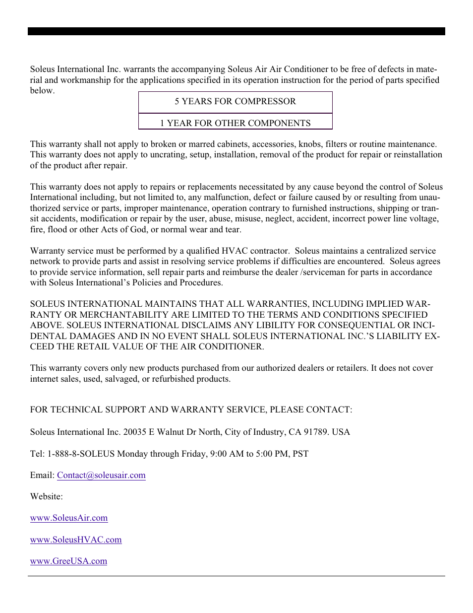 Warranty | SoleusAir SG-WAC-18ESE-C User Manual | Page 23 / 24