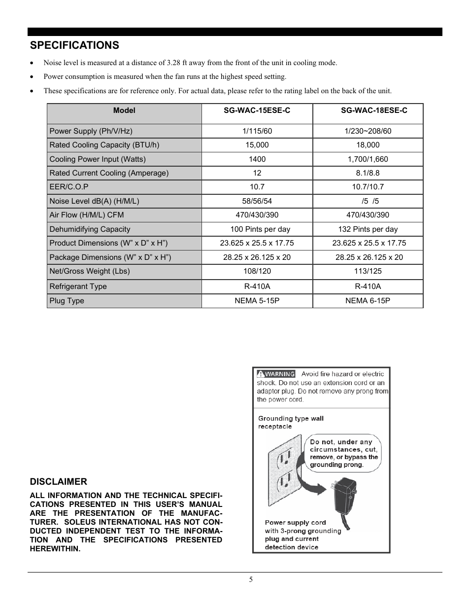 Specifications | SoleusAir SG-WAC-18ESE-C User Manual | Page 6 / 24