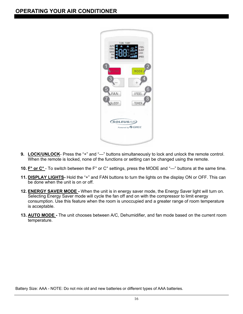 Operating your air conditioner | SoleusAir SG-WAC-25ESE-C User Manual | Page 17 / 24