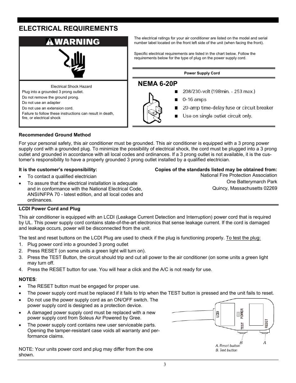 Electrical requirements, Nema 6-20p | SoleusAir SG-WAC-25ESE-C User Manual | Page 4 / 24