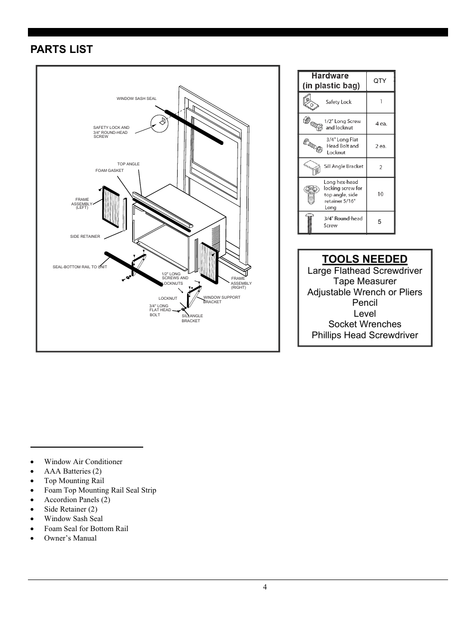 Parts list, Parts list tools needed, Non-hardware packing list | SoleusAir SG-WAC-25ESE-C User Manual | Page 5 / 24