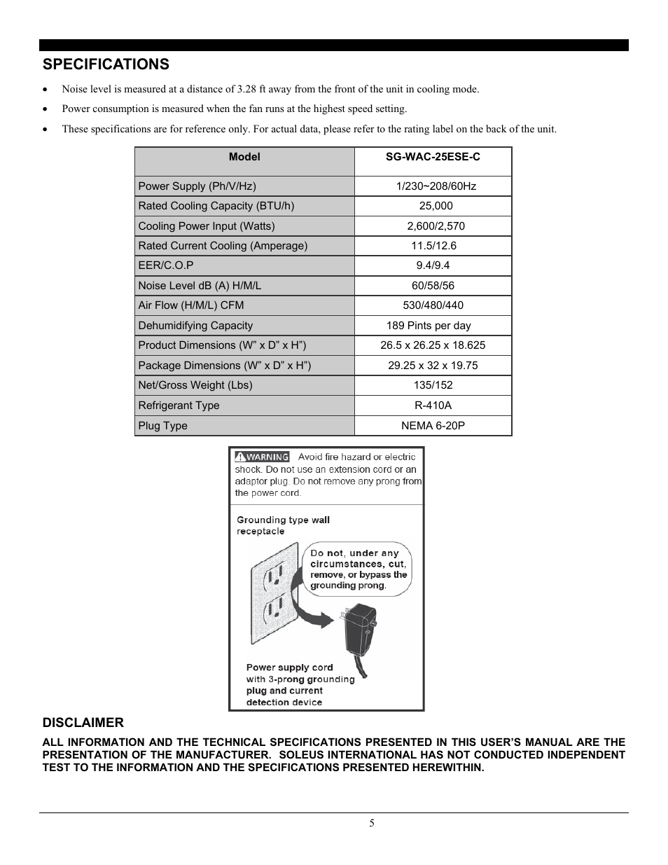 Specifications | SoleusAir SG-WAC-25ESE-C User Manual | Page 6 / 24