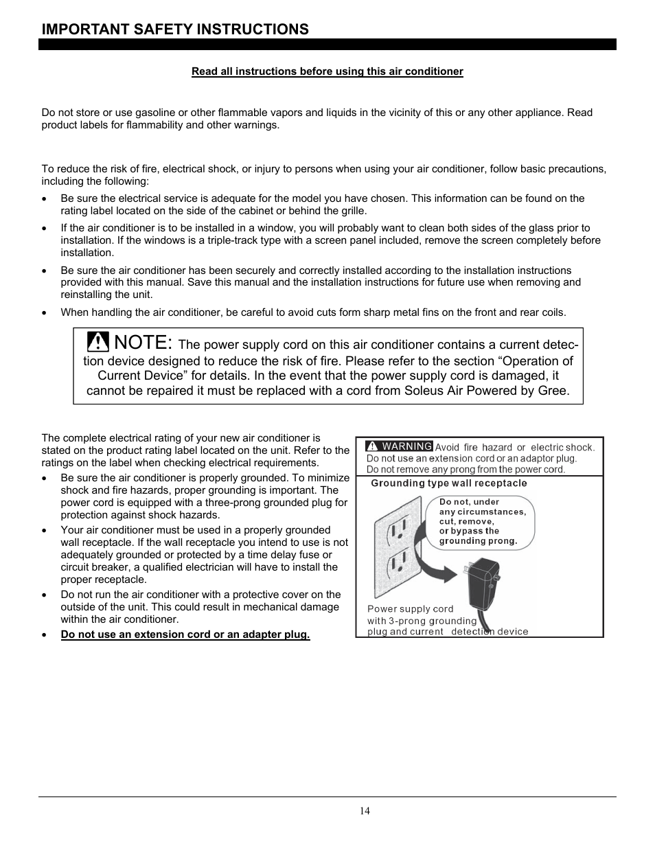 Important safety instructions | SoleusAir SG-CAC-08ESE User Manual | Page 14 / 23