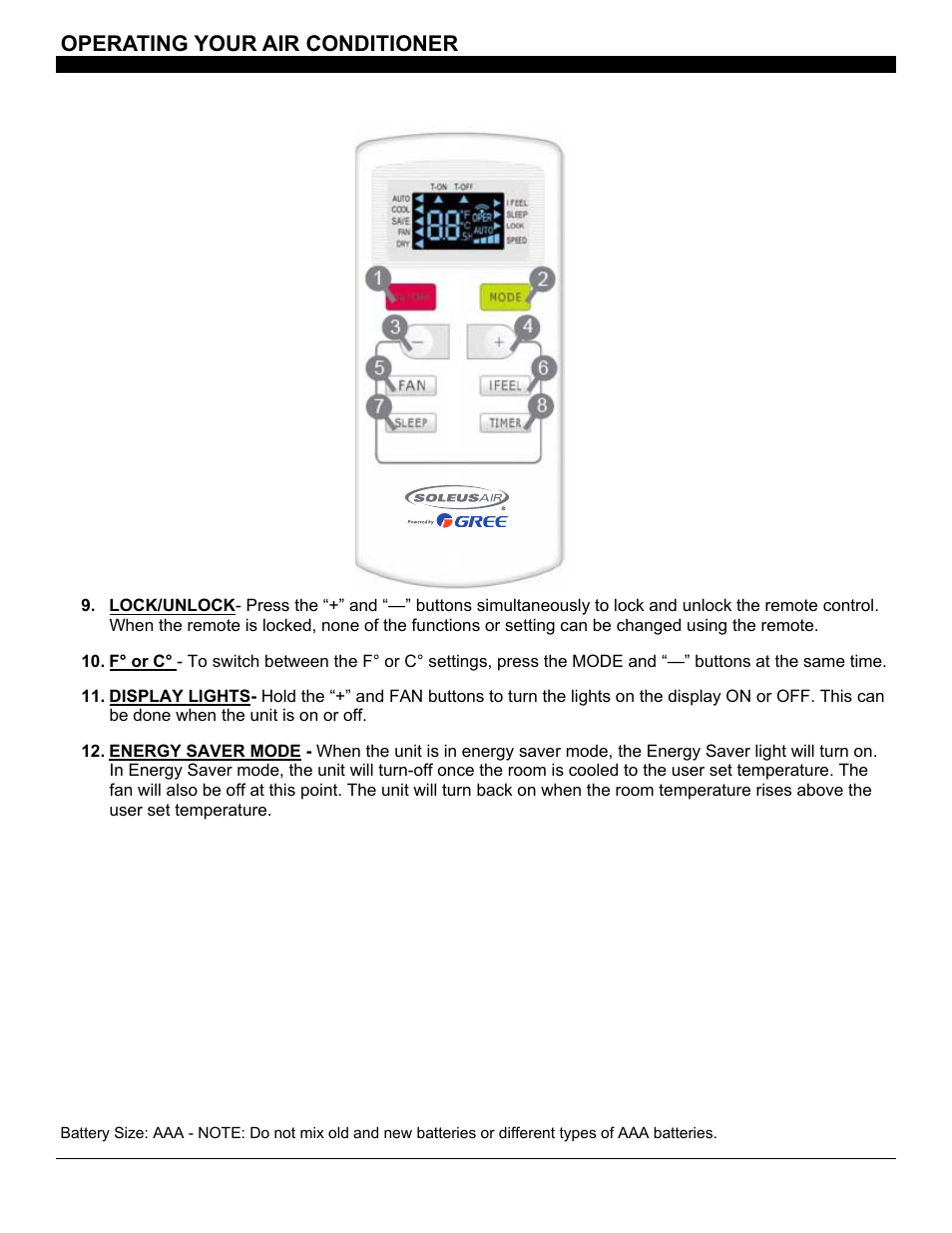 Operating your air conditioner | SoleusAir SG-CAC-08ESE User Manual | Page 18 / 23