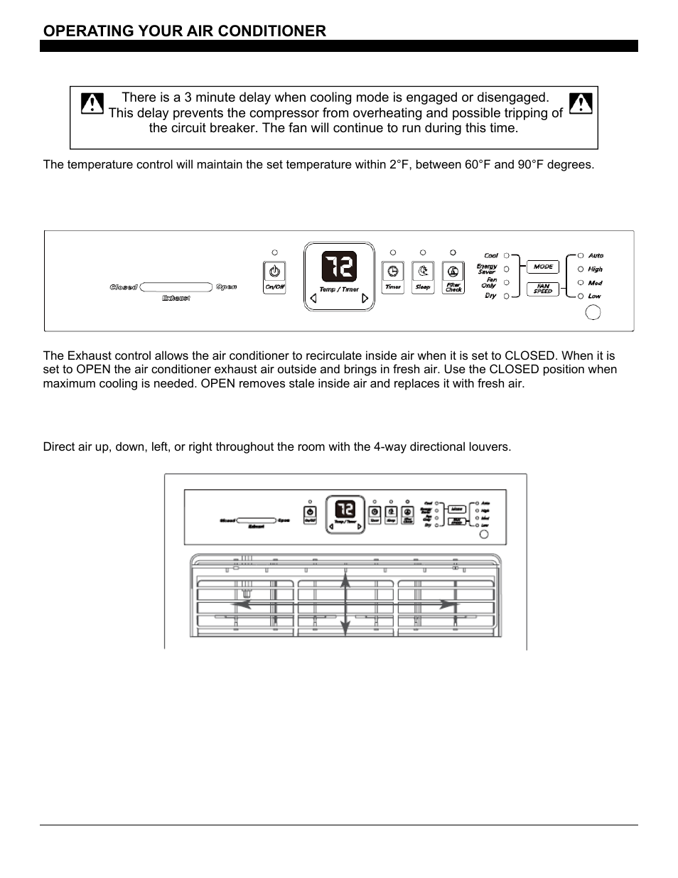 Air conditioner features, Operating your air conditioner, Exhaust control | Way directional louvers | SoleusAir SG-CAC-08ESE User Manual | Page 19 / 23