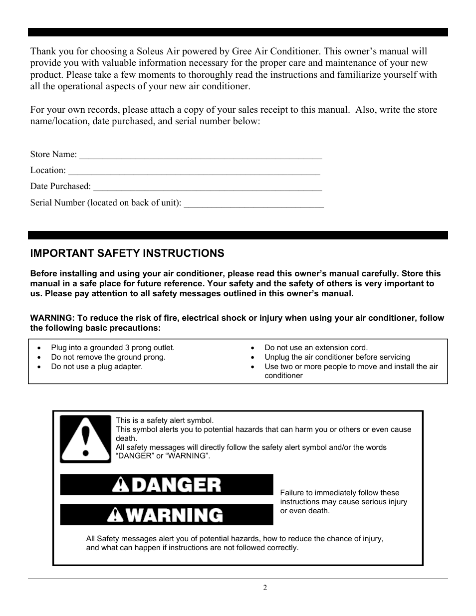 Important safety instructions | SoleusAir SG-CAC-08ESE User Manual | Page 2 / 23