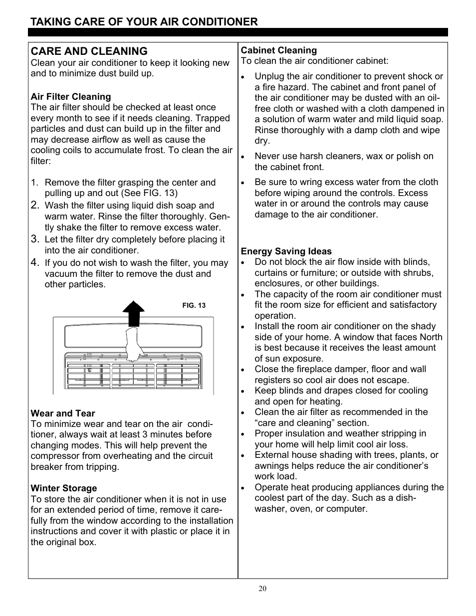 Taking care of your air conditioner | SoleusAir SG-CAC-08ESE User Manual | Page 20 / 23