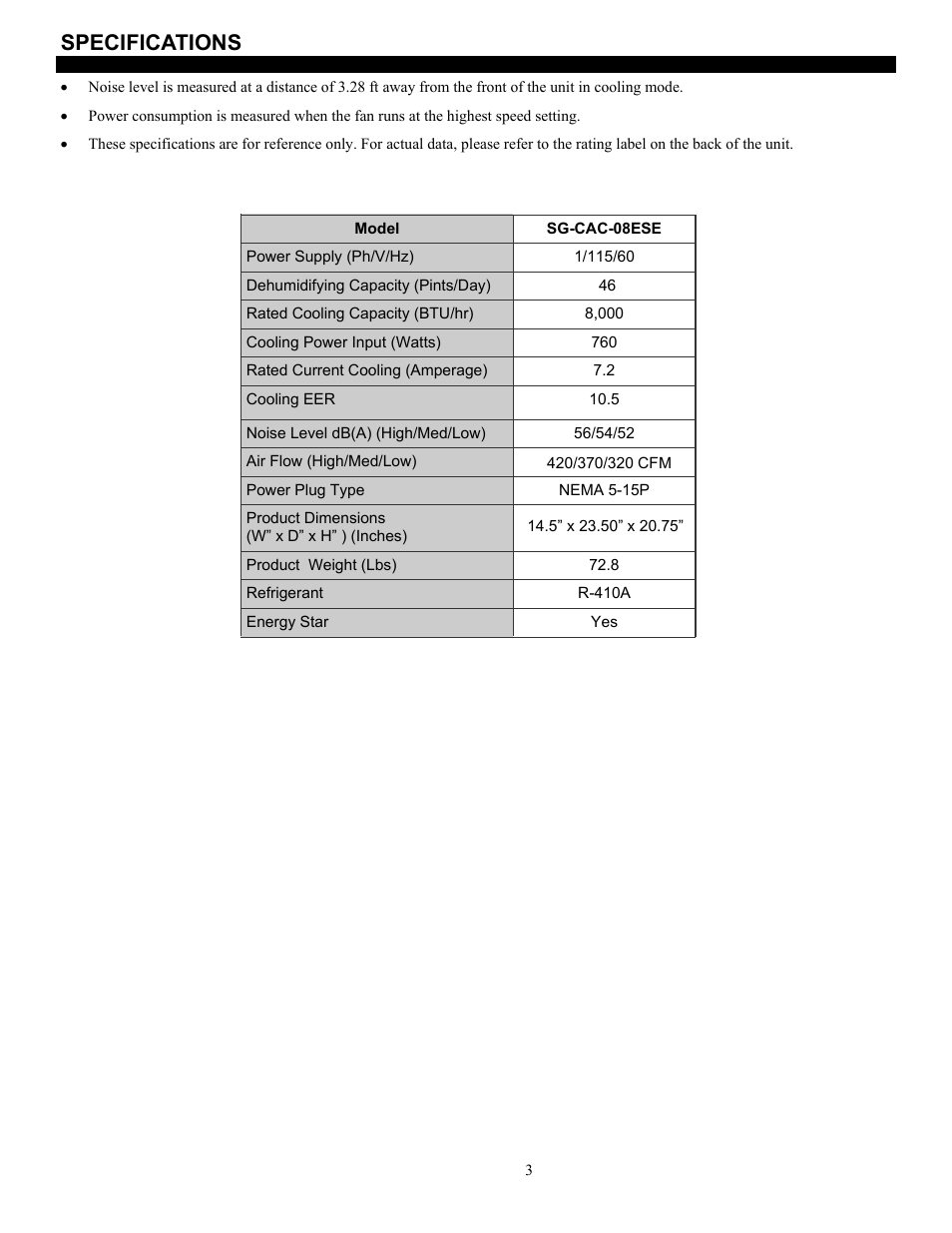 Specifications, Untitled | SoleusAir SG-CAC-08ESE User Manual | Page 3 / 23