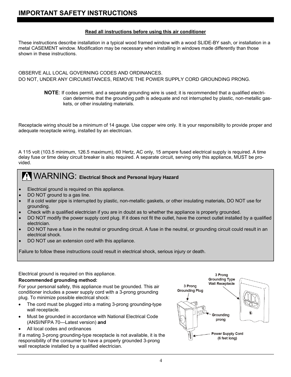 Important safety instructions, Warning | SoleusAir SG-CAC-08ESE User Manual | Page 4 / 23