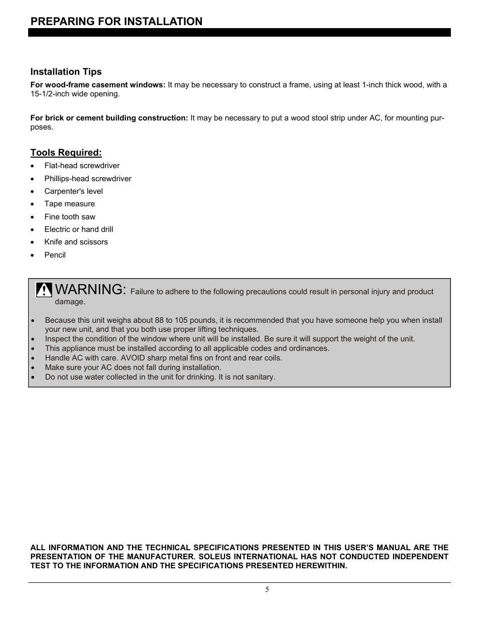 Disclaimer, Preparing for installation, Warning | SoleusAir SG-CAC-08ESE User Manual | Page 5 / 23