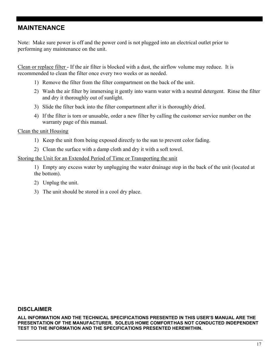 Disclaimer, Maintenance | SoleusAir LX-140 User Manual | Page 17 / 18