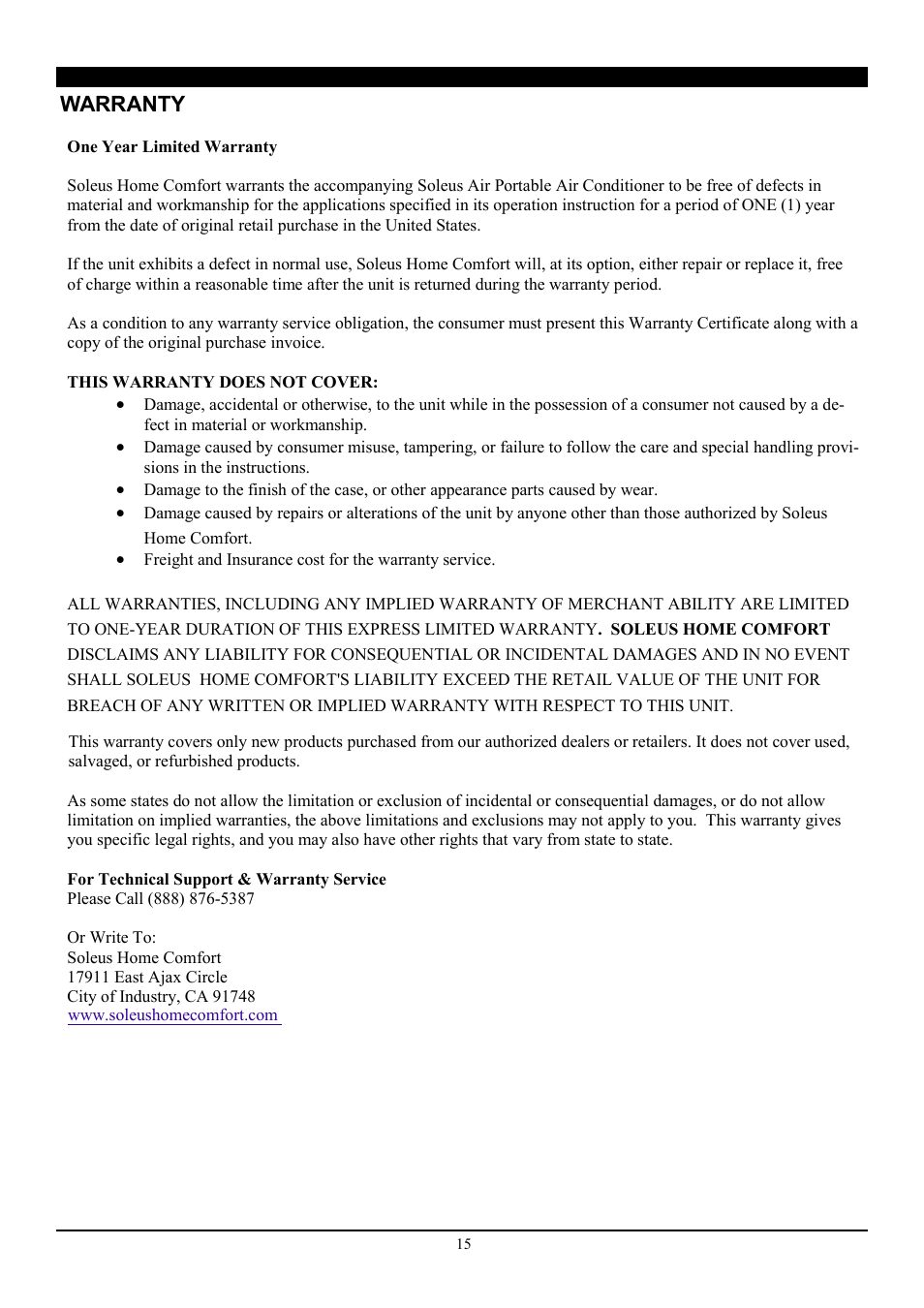 Warranty | SoleusAir LX-140 User Manual | Page 18 / 18