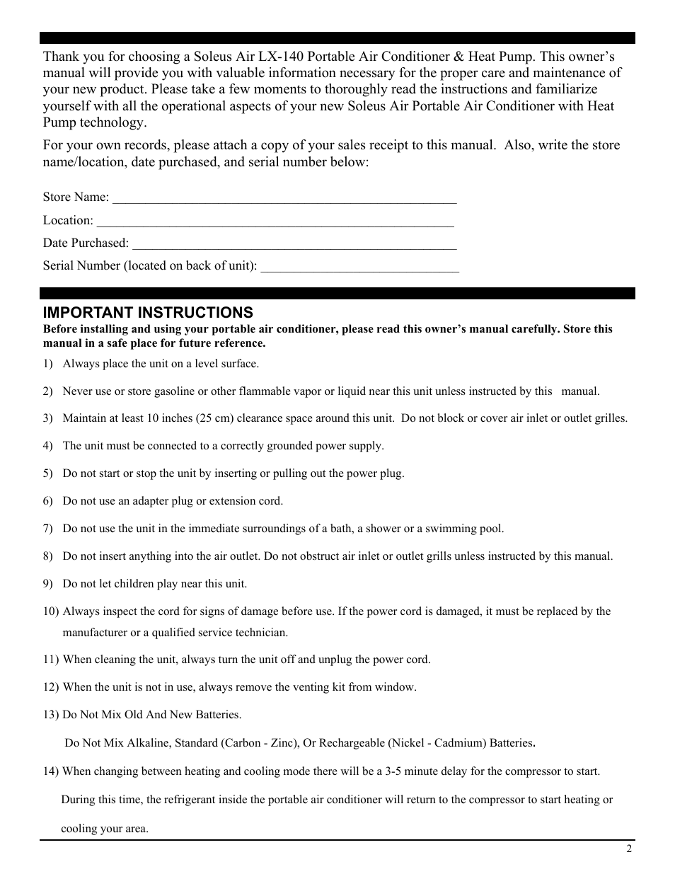 Important instructions | SoleusAir LX-140 User Manual | Page 2 / 18