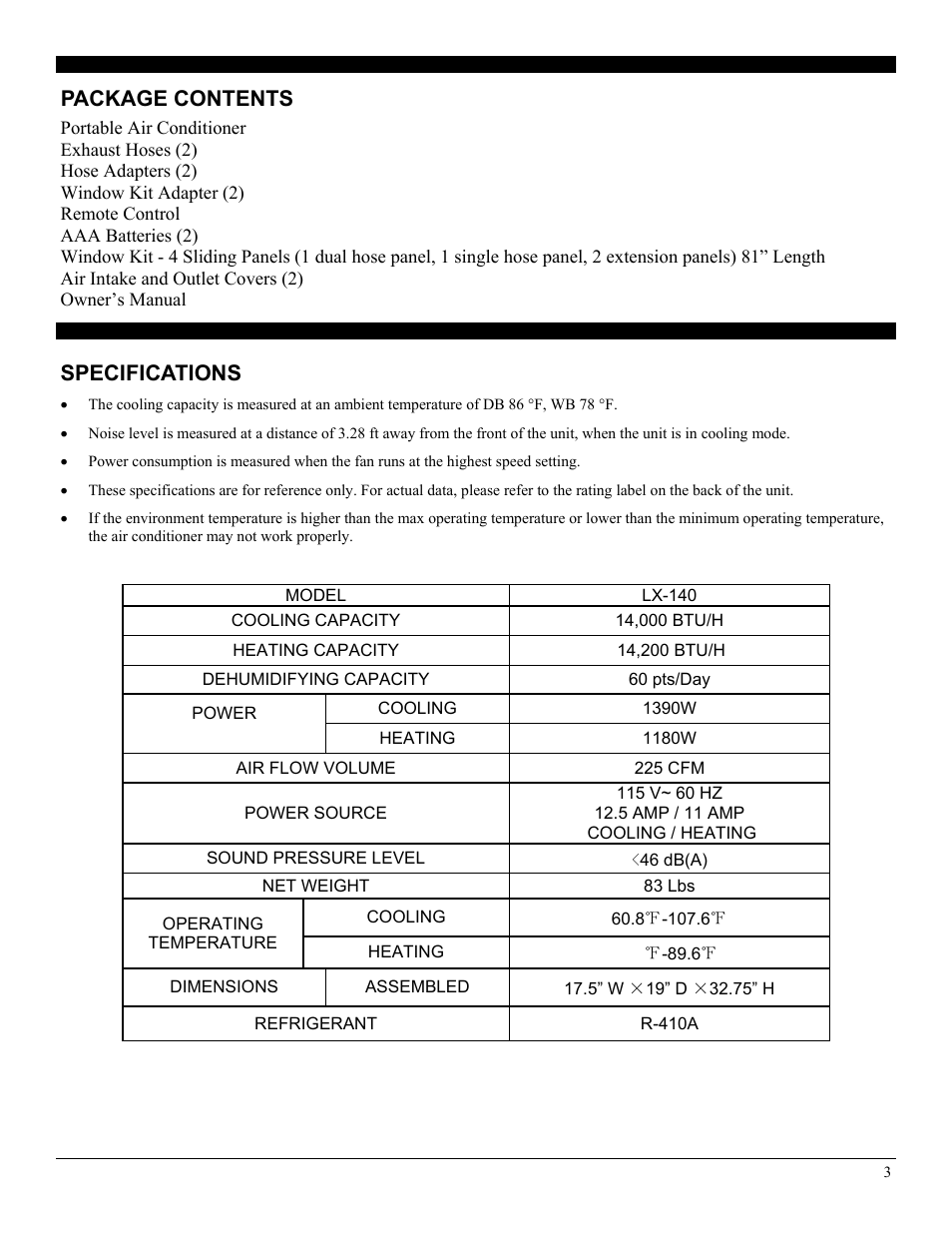Specifications, Package contents | SoleusAir LX-140 User Manual | Page 3 / 18