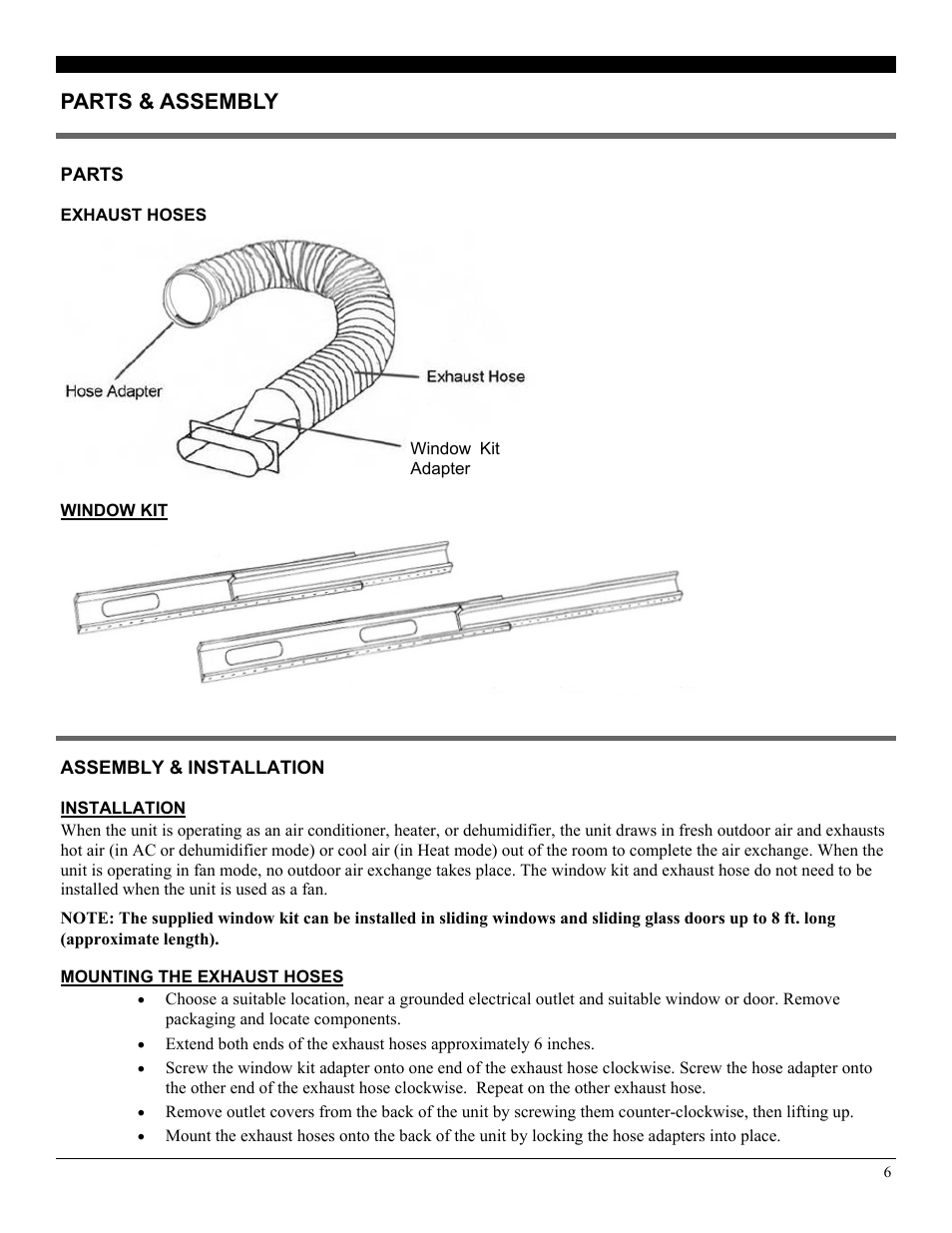 Exhaust hoses, Window kit, Installation | Mounting the exhaust hoses, Parts & assembly | SoleusAir LX-140 User Manual | Page 6 / 18