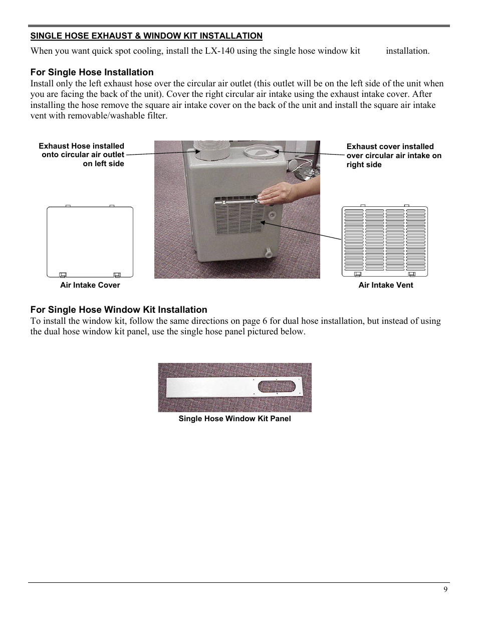 Single hose exhaust & window kit installation | SoleusAir LX-140 User Manual | Page 9 / 18