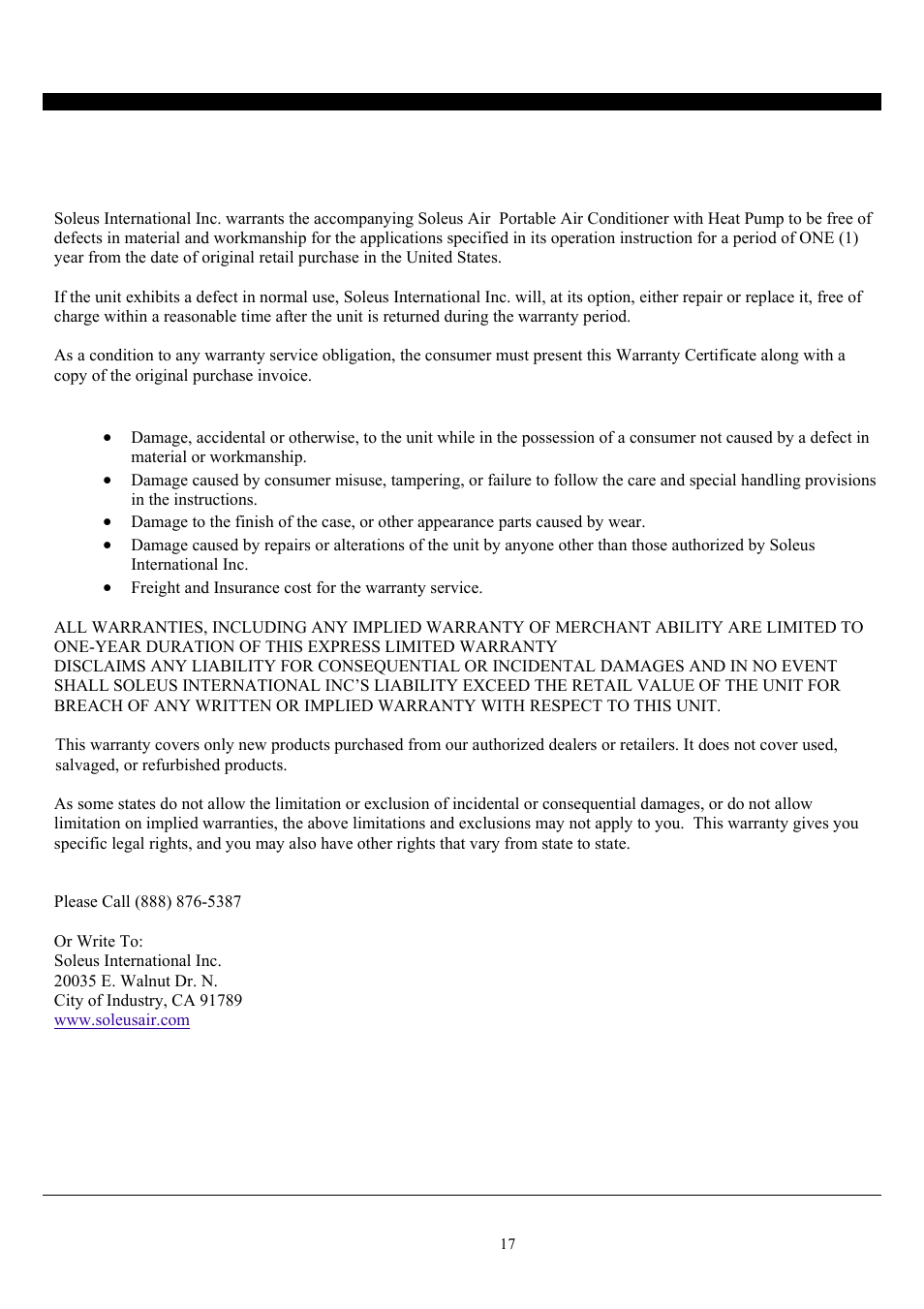 Warranty | SoleusAir PH4-13R-01 User Manual | Page 17 / 17