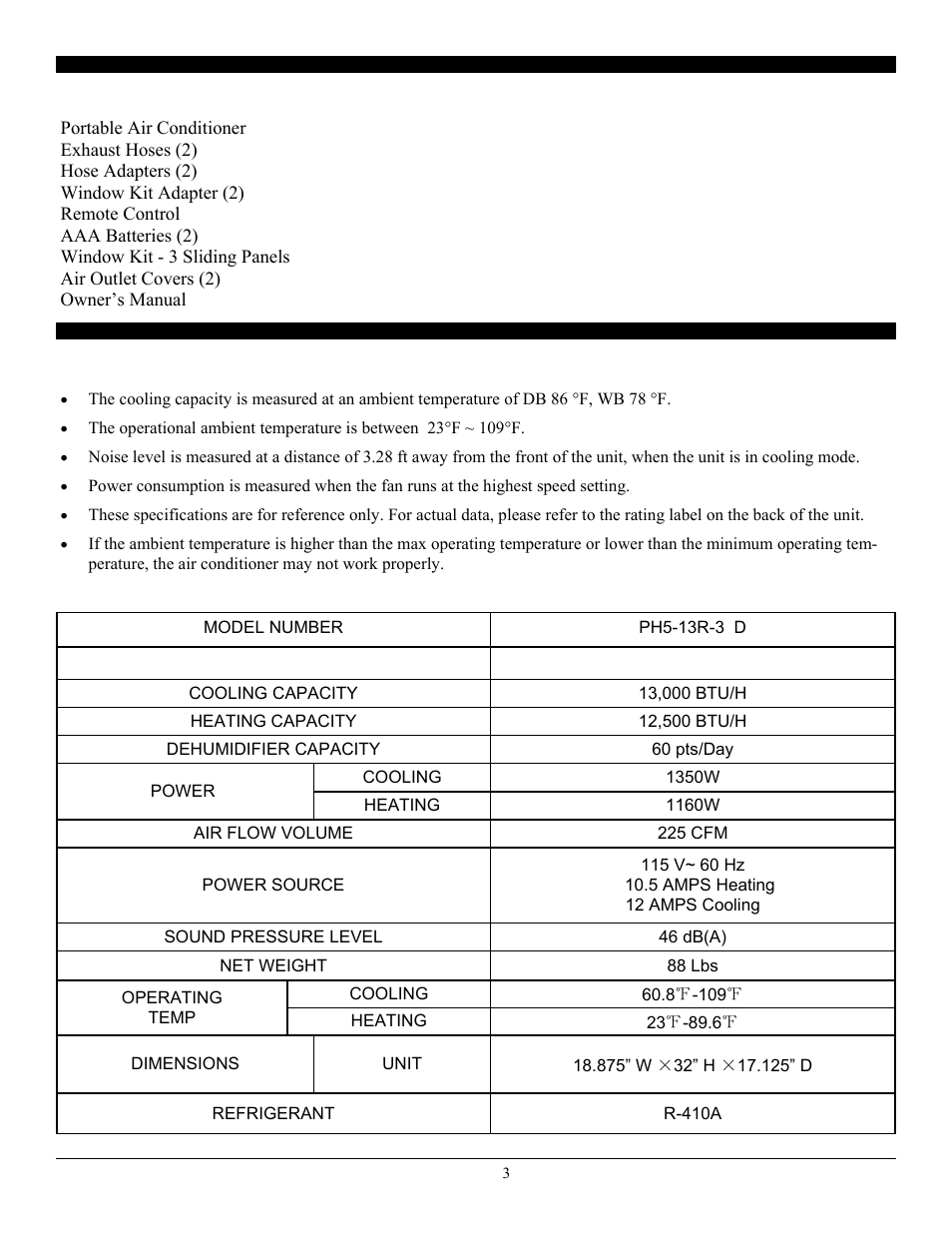 Specifications, Package contents | SoleusAir PH5-13R-32D User Manual | Page 3 / 16