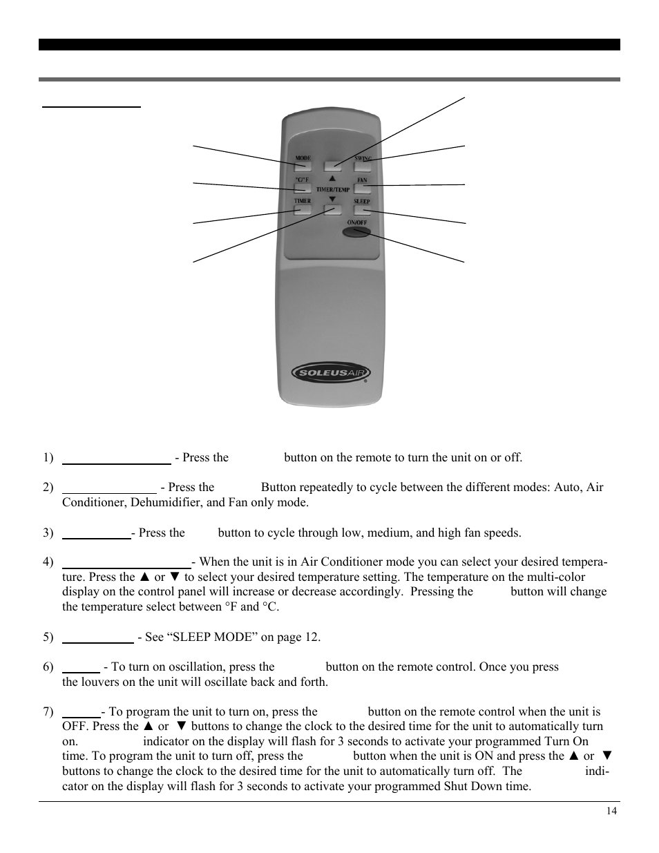 Operating the unit using the remote control | SoleusAir PE2-10R-32 User Manual | Page 14 / 16