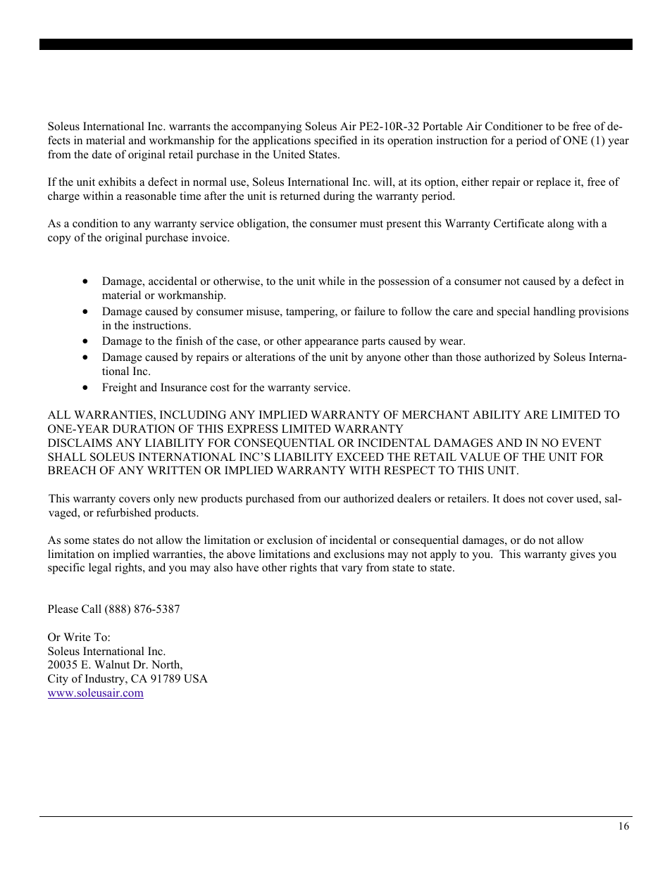 Warranty | SoleusAir PE2-10R-32 User Manual | Page 16 / 16