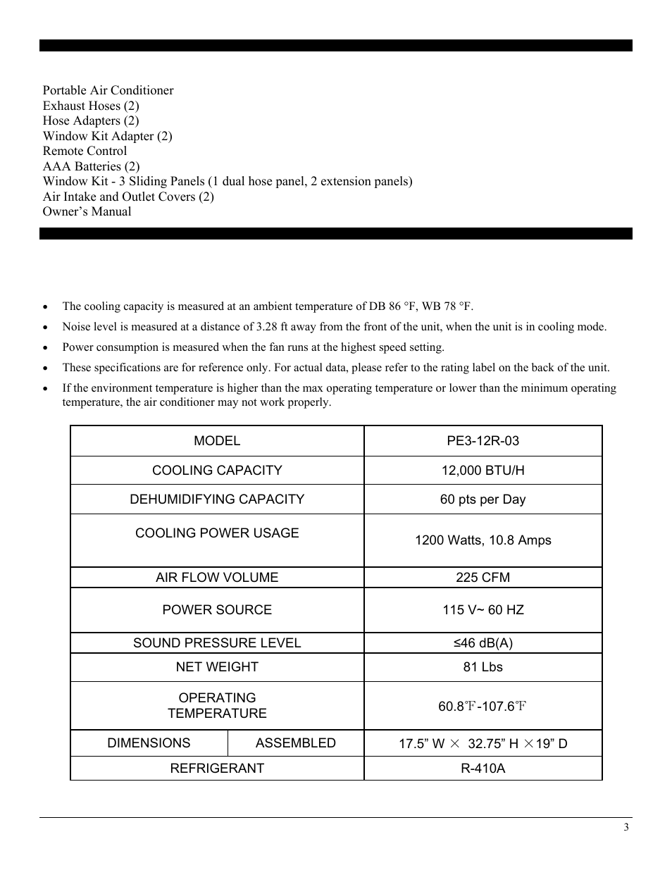 Specifications, Package contents | SoleusAir PE3-12R-03 User Manual | Page 3 / 17