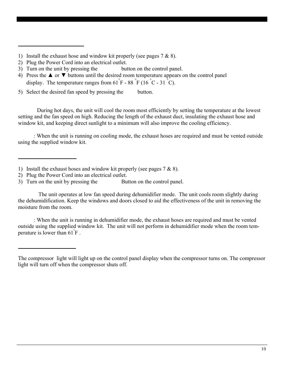Operating the unit using the control panel, Mode operation, Air conditioner mode | Dehumidifier mode | SoleusAir PE7-10R-03 User Manual | Page 10 / 14