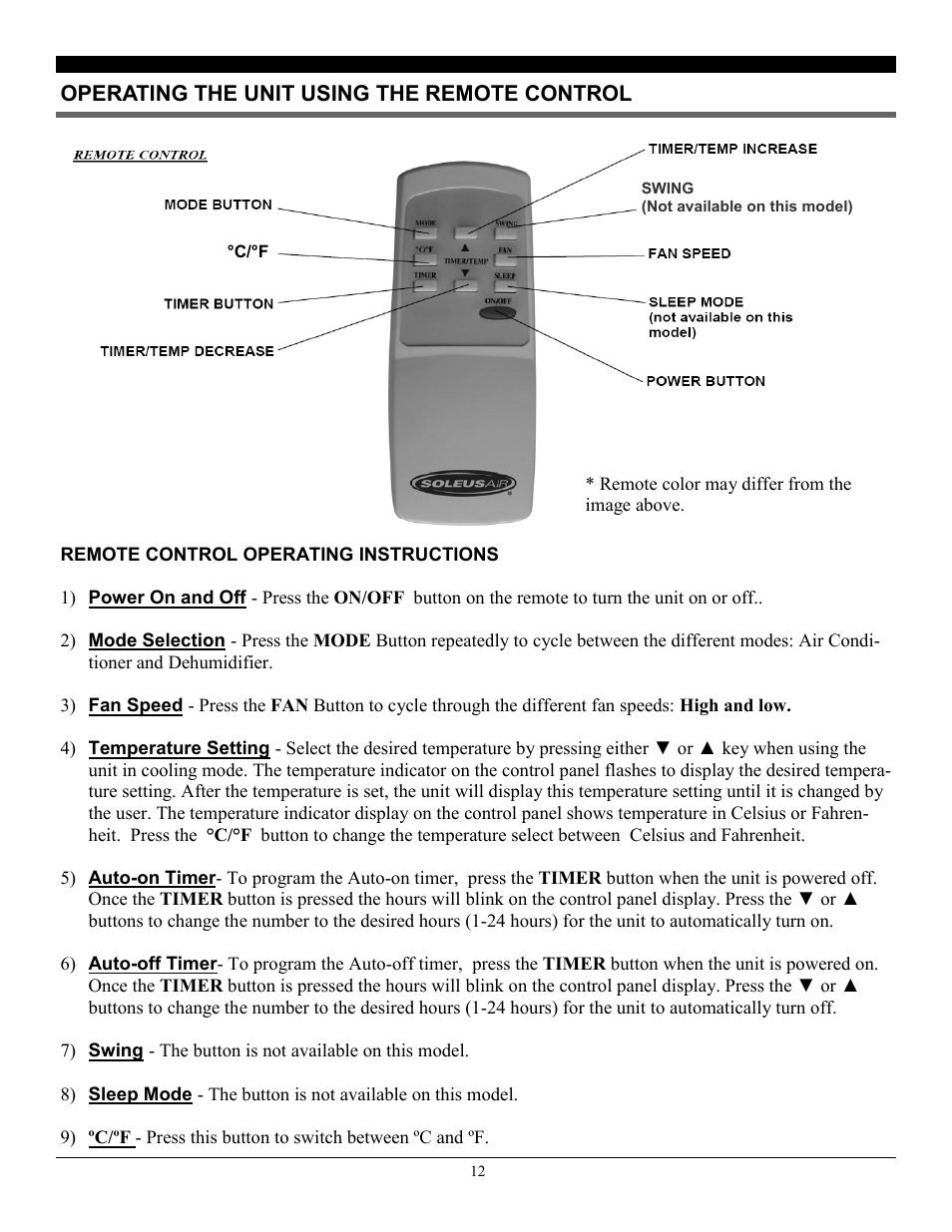 Operating the unit using the remote control | SoleusAir PE8-11R-32 User Manual | Page 12 / 14