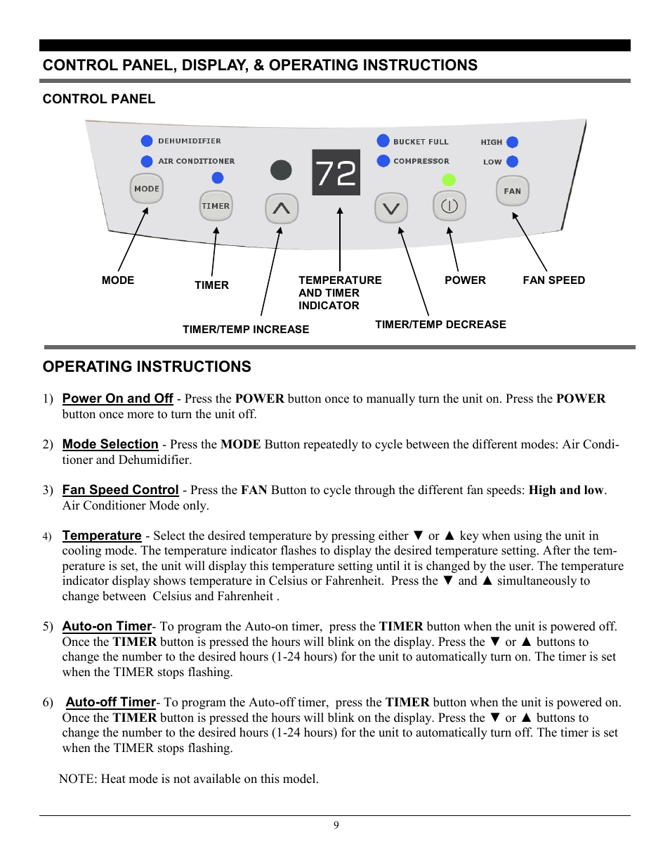 Control panel, display, & operating instructions, Operating instructions | SoleusAir PE8-11R-32 User Manual | Page 9 / 14