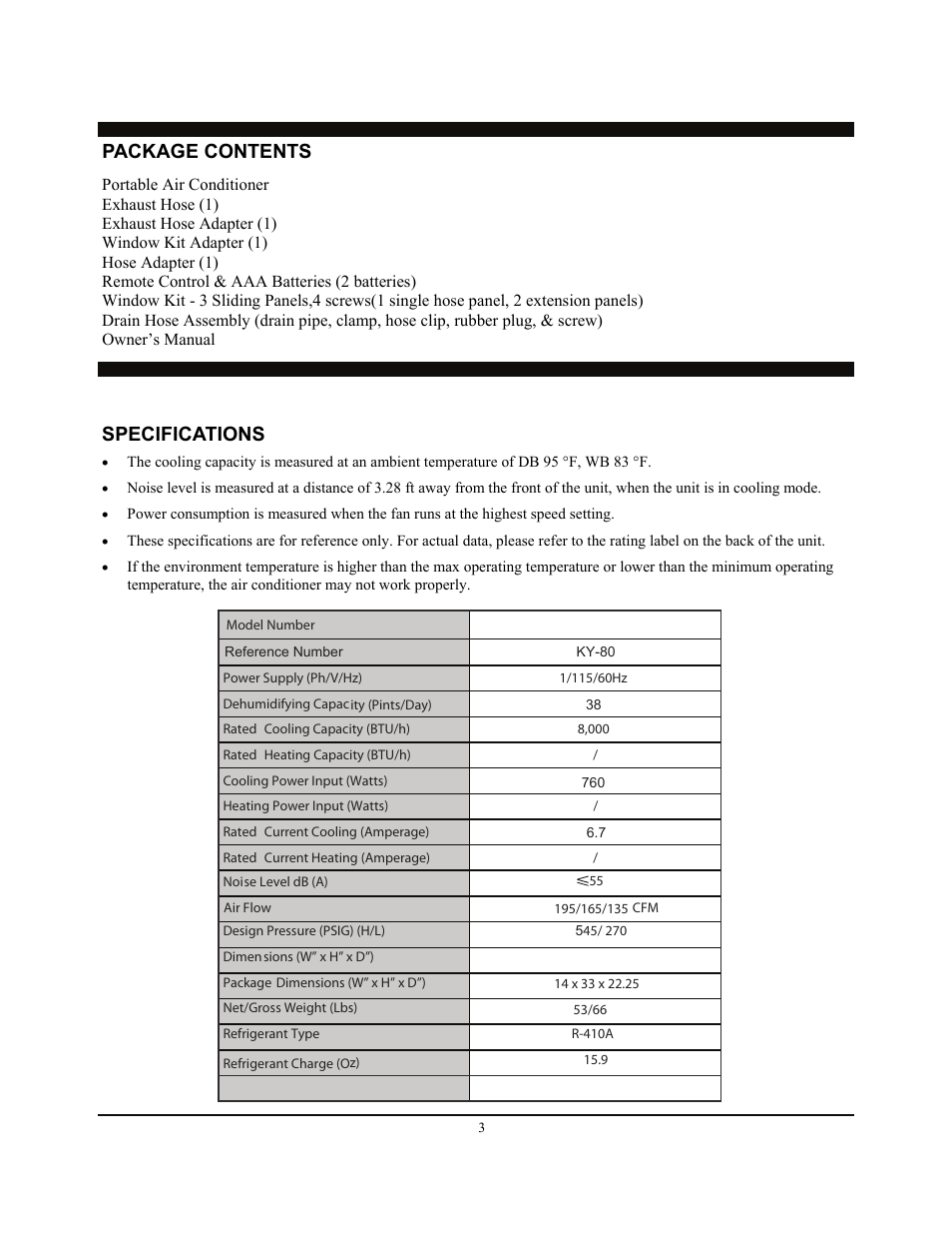 Specifications, Package contents | SoleusAir SG-PAC-08E3 User Manual | Page 3 / 16