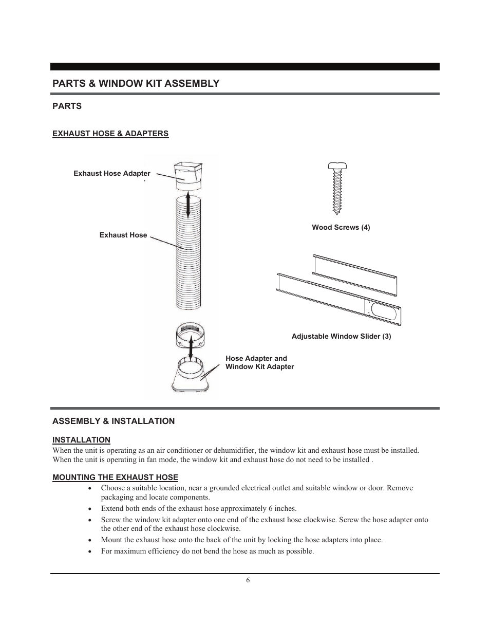 Exhaust hose & adapters, Installation, Mounting the exhaust hose | Parts & window kit assembly | SoleusAir SG-PAC-08E3 User Manual | Page 6 / 16