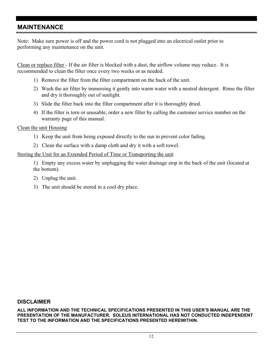 Disclaimer, Maintenance | SoleusAir SG-PAC-08E4 User Manual | Page 12 / 16