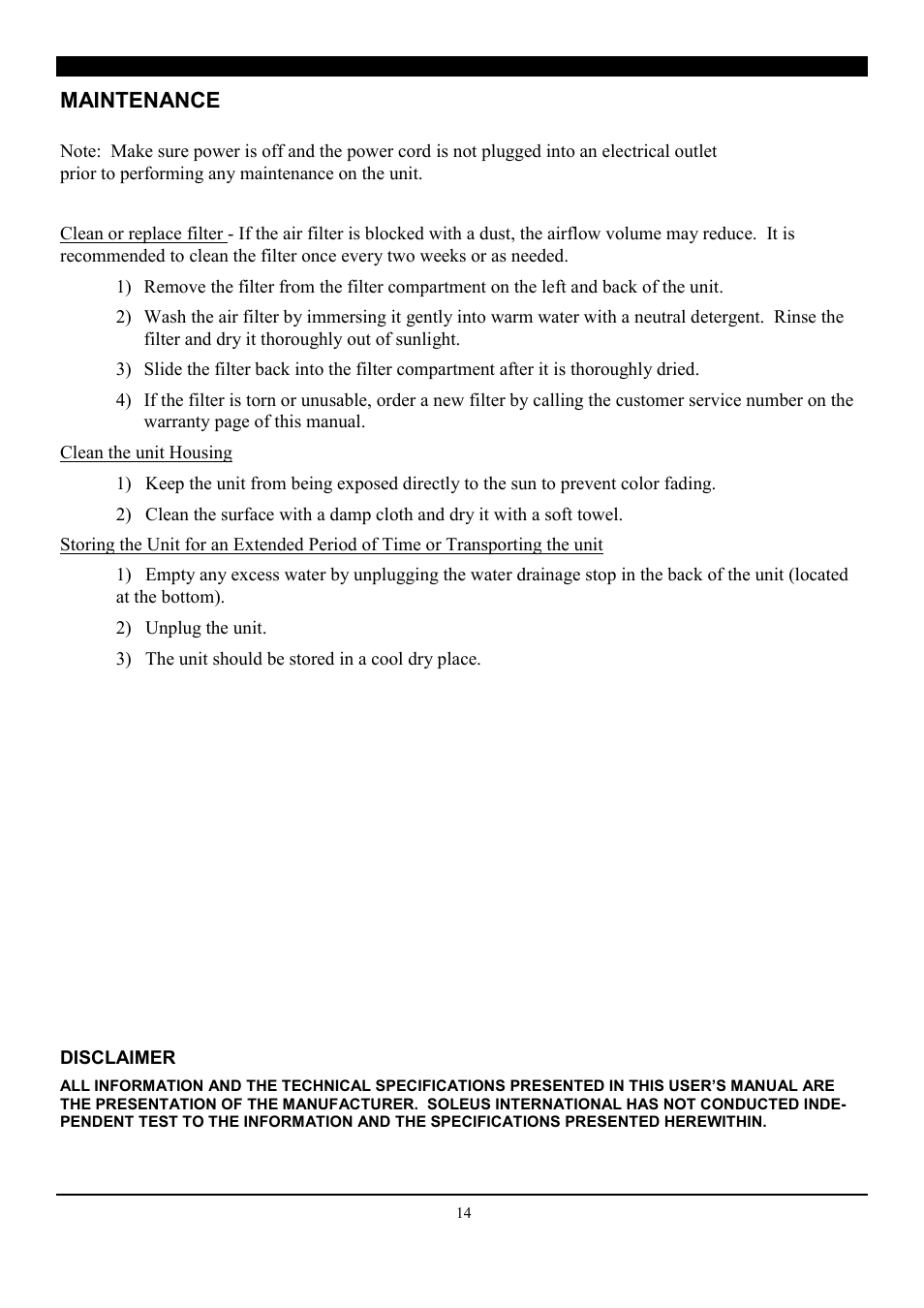 Maintenance | SoleusAir SE-PAC-08E9 User Manual | Page 14 / 15