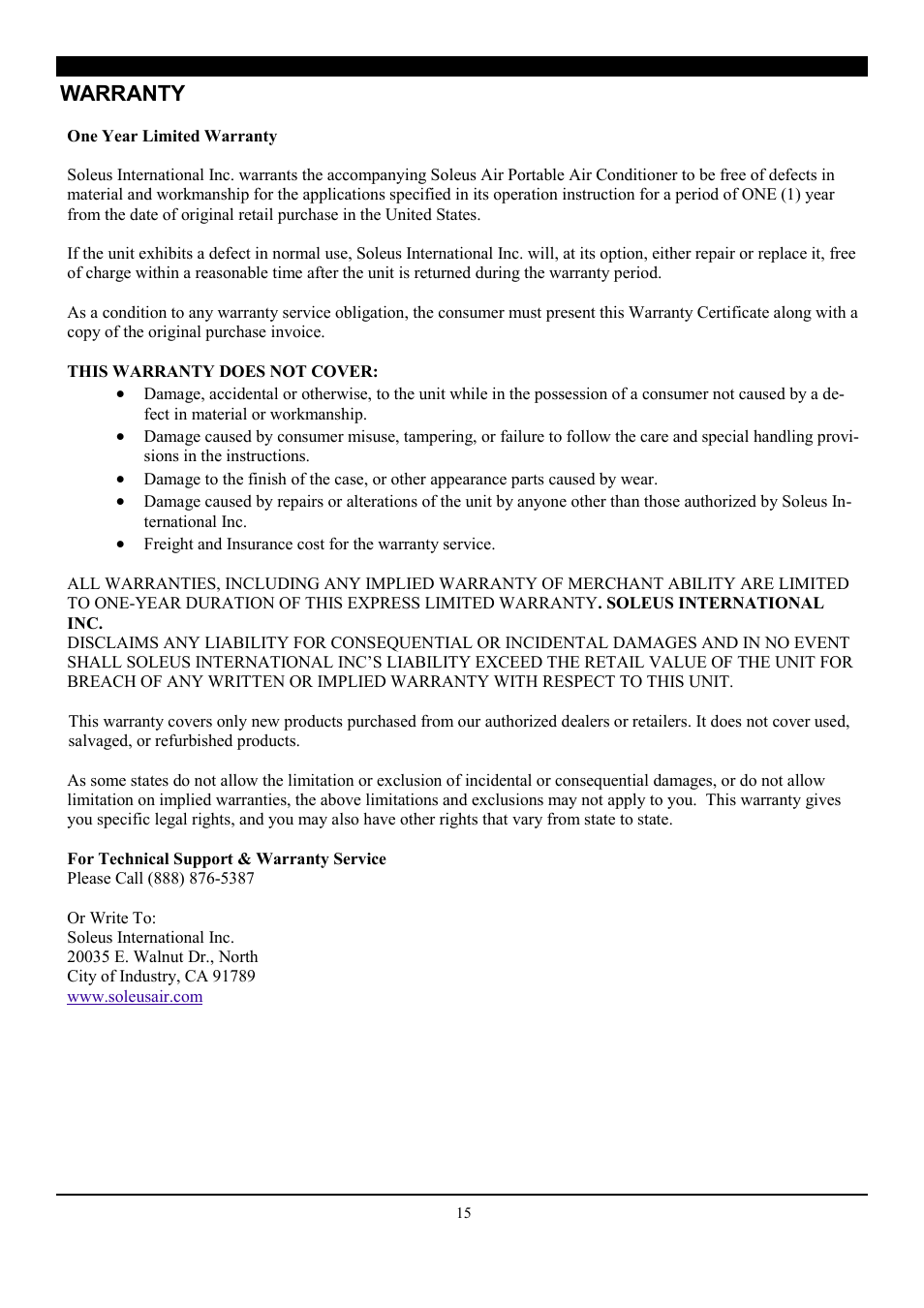 Warranty | SoleusAir SE-PAC-08E9 User Manual | Page 15 / 15