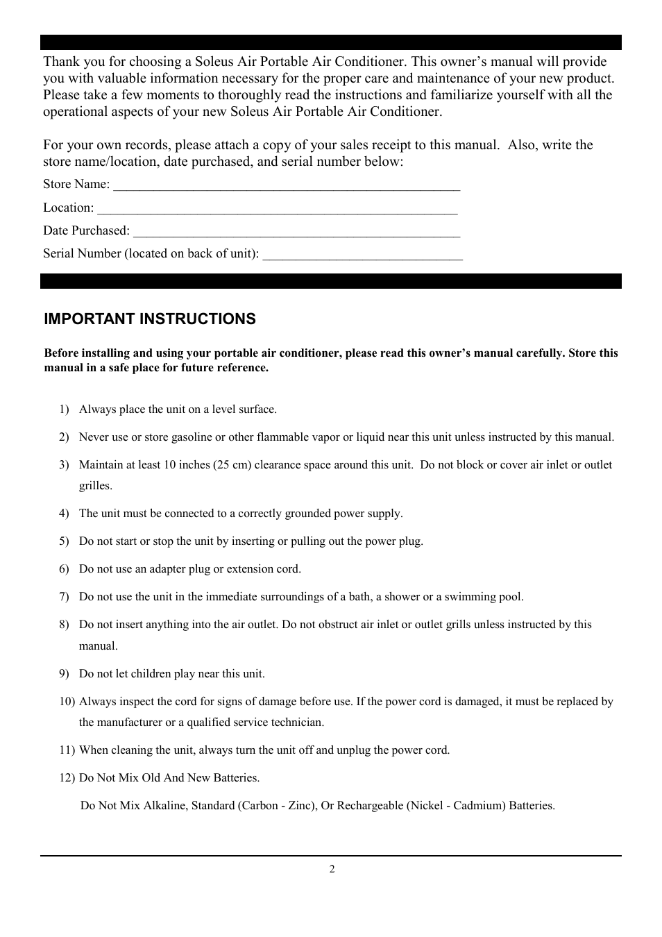 Important instructions | SoleusAir SE-PAC-08E9 User Manual | Page 2 / 15