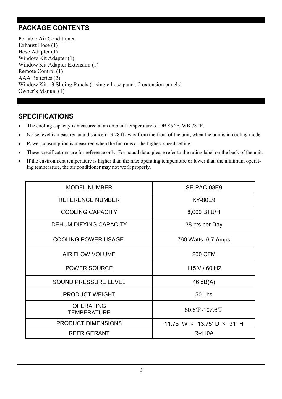 Specifications, Package contents | SoleusAir SE-PAC-08E9 User Manual | Page 3 / 15