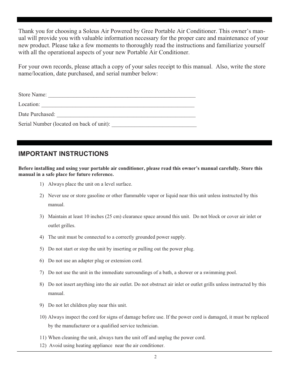 Important instructions | SoleusAir SG-PAC-10E2 User Manual | Page 2 / 18