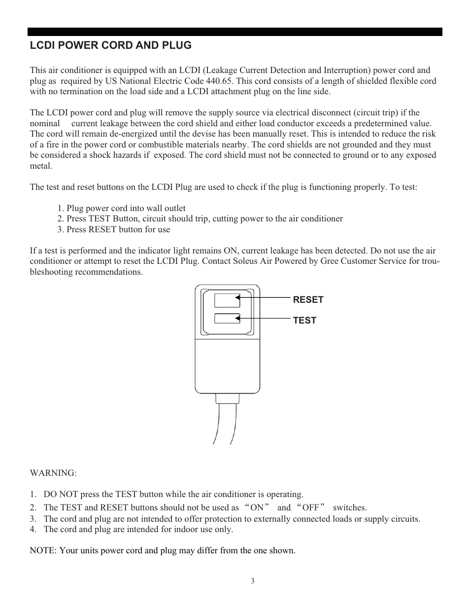 Lcdi power cord and plug | SoleusAir SG-PAC-10E2 User Manual | Page 3 / 18