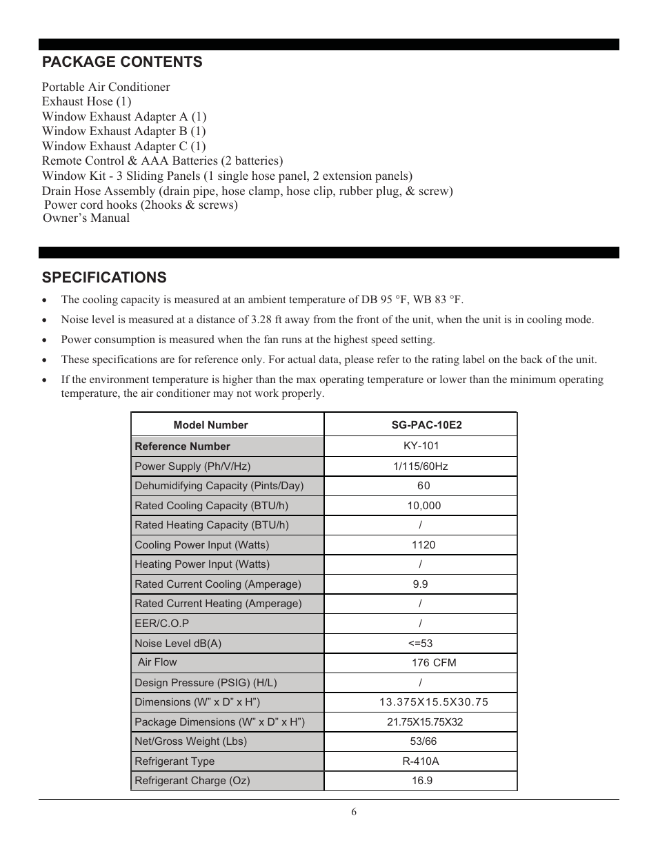 Specifications, Package contents | SoleusAir SG-PAC-10E2 User Manual | Page 6 / 18